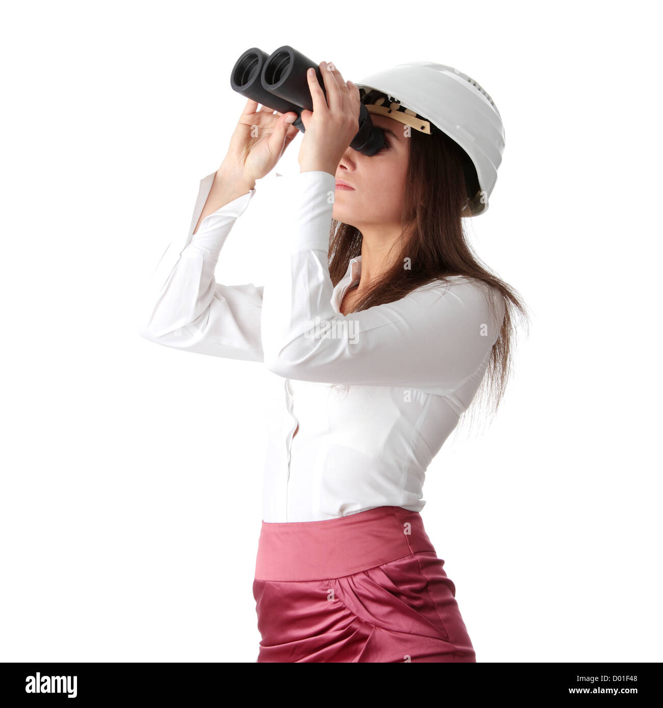 Business vision concept, enginer woman looking throught binoculars, isolated on white Stock Photo