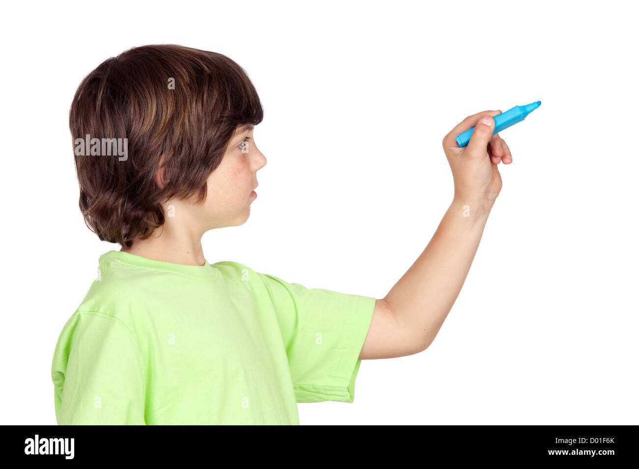 Child with blue pen writing on a white background Stock Photo Alamy
