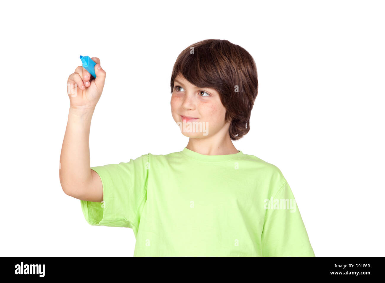 Child with blue pen writing on a white background Stock Photo Alamy