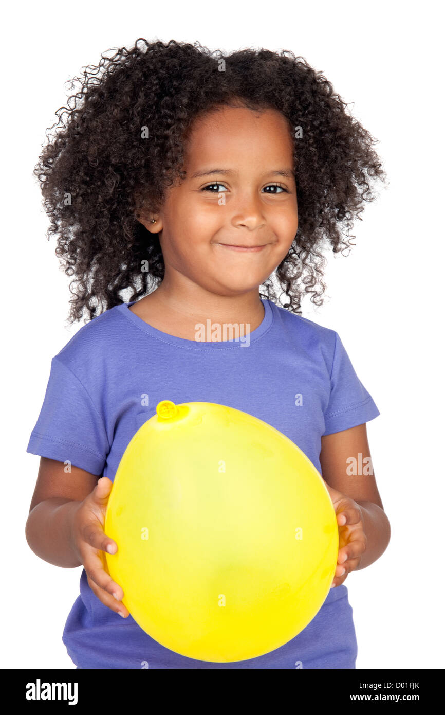 Adorable african little girl with yellow balloon isolated over white