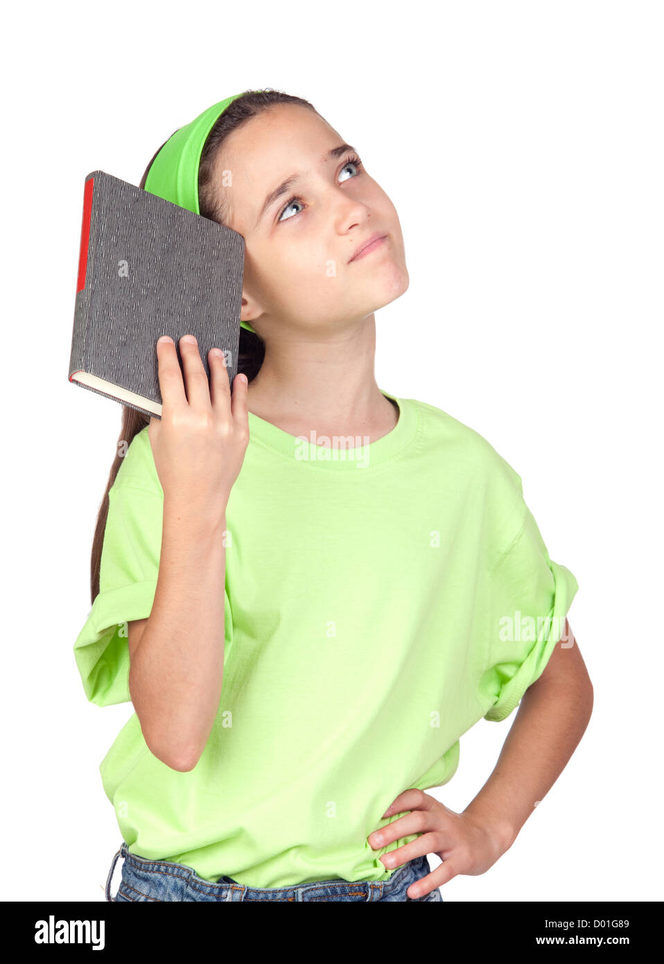 Adorable little girl reading a book isolated on white background Stock ...