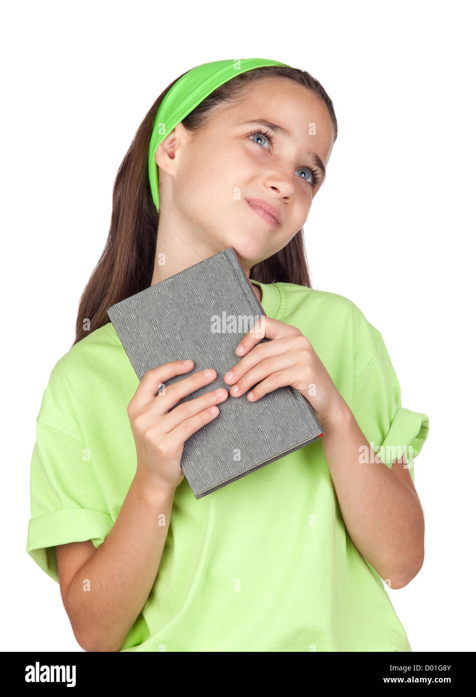 Adorable little girl reading a book isolated on white background Stock ...