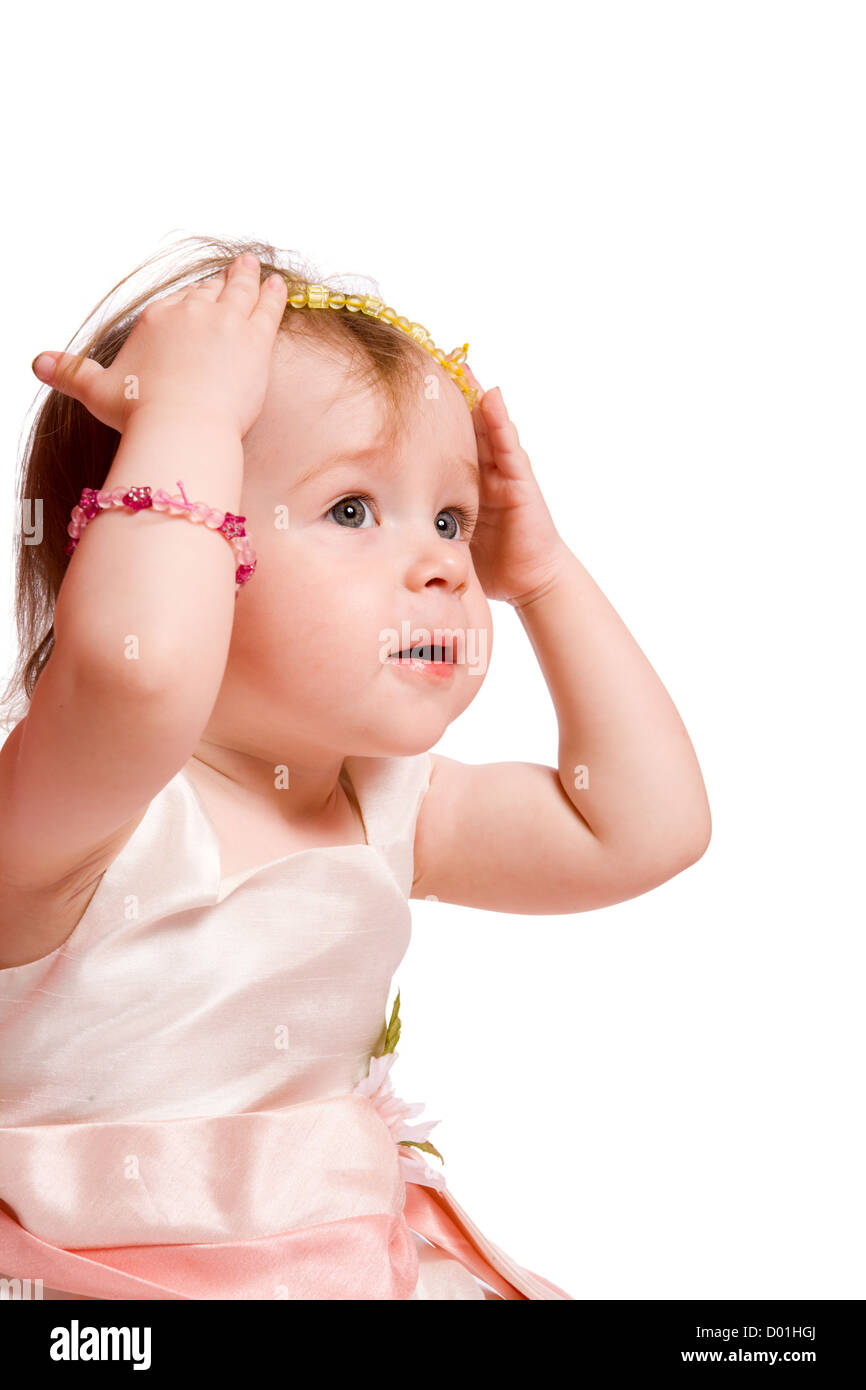 Wondering Little Girl holding head isolated on white Stock Photo - Alamy