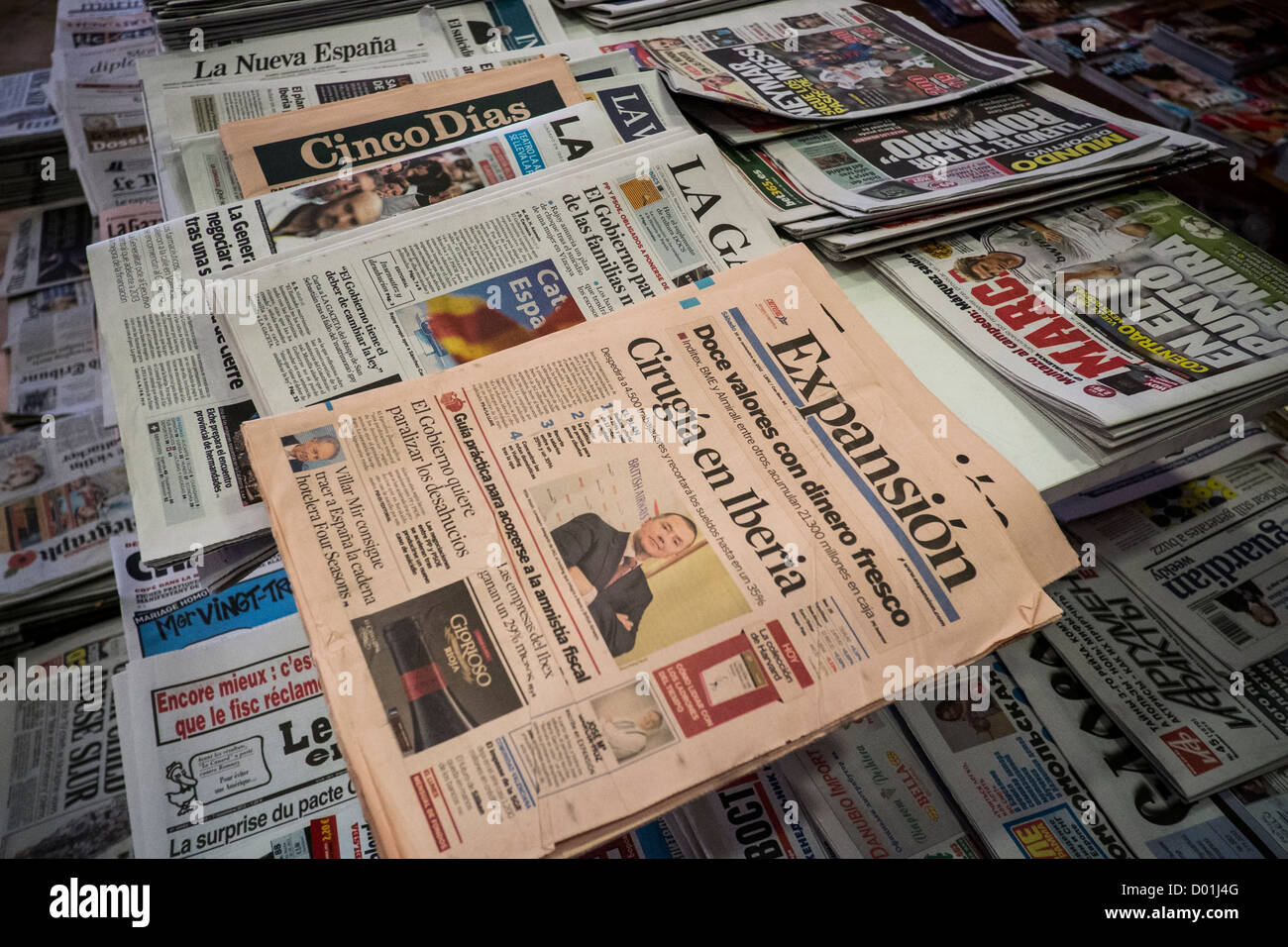 Spanish newspapers on sale in a shop in Javea, Spain. Stock Photo