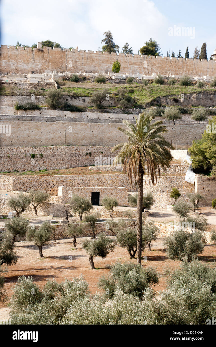 View from the Mount of Olives on the wall surrounding Jerusalem. Stock Photo