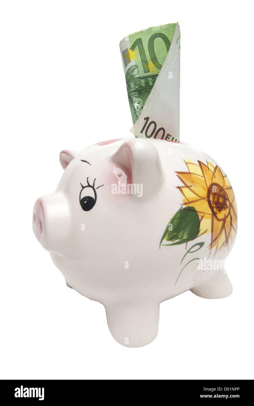 Piggy Bank with euro bill sticking out Stock Photo