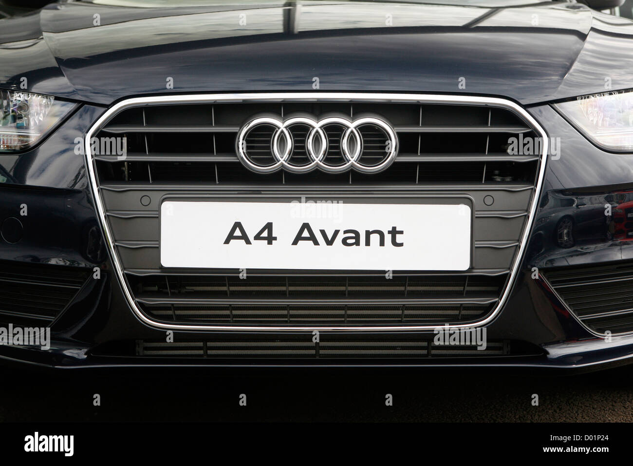 The view of the front of a modern Audi for sale at a car dealership. Stock Photo