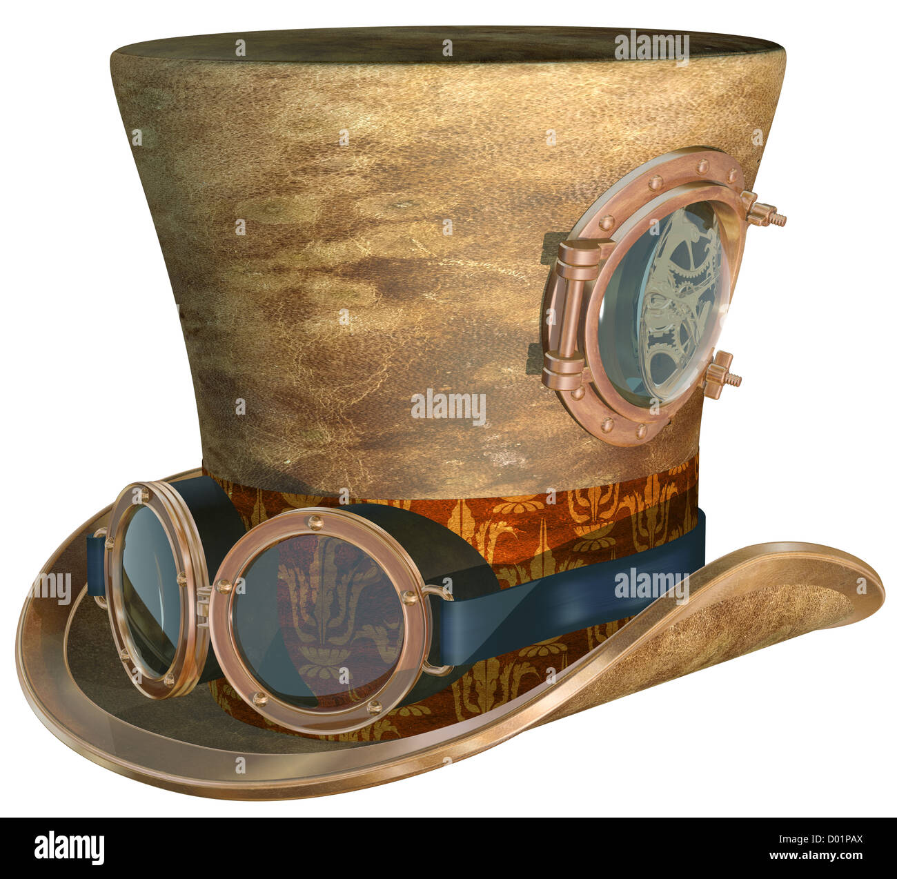 Isolated illustration of a steampunk top hat and brass goggles Stock Photo