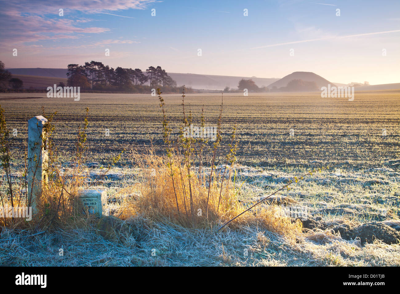 Frosty autumnal Wiltshire countryside landscape with iconic neolithic Silbury Hill in the distance Stock Photo