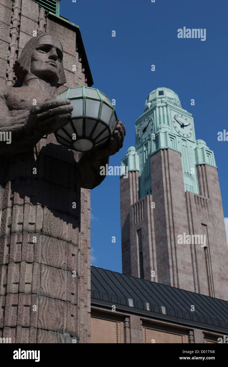 Clock tower and statues of the Helsinki Finland Central Railway Station
