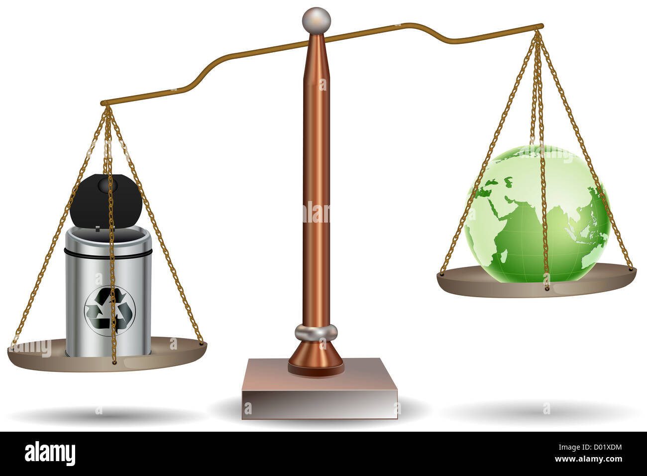 illustration of beam balance with globe and recycle bin on white