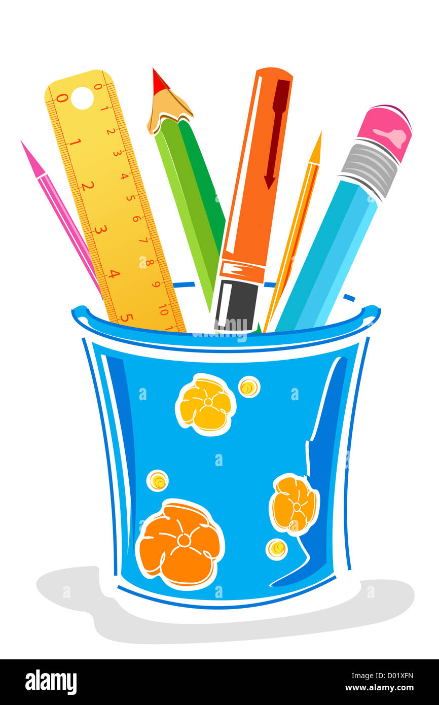 illustration of pens and pencils in box on isolated background Stock Photo