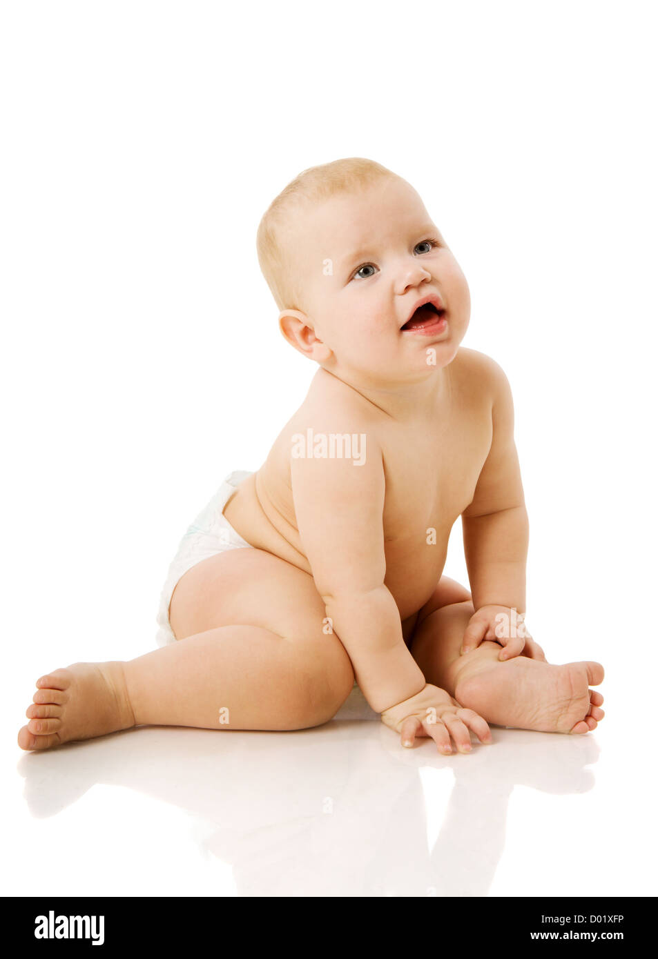 six month Happy Baby sitting isolated on white Stock Photo