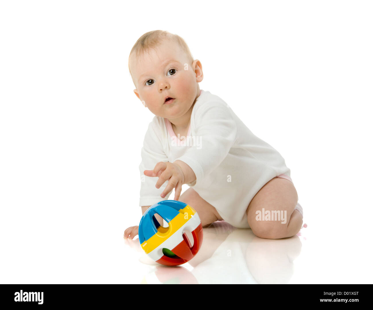 Curious baby playing looking up isolated on white Stock Photo