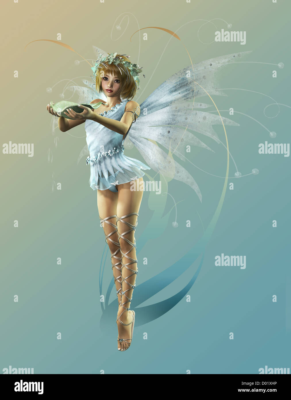 A cute Fairy with Wings and Wreath Stock Photo