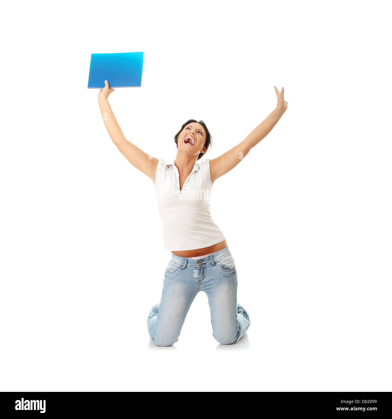 Happy student girl on knees Stock Photo