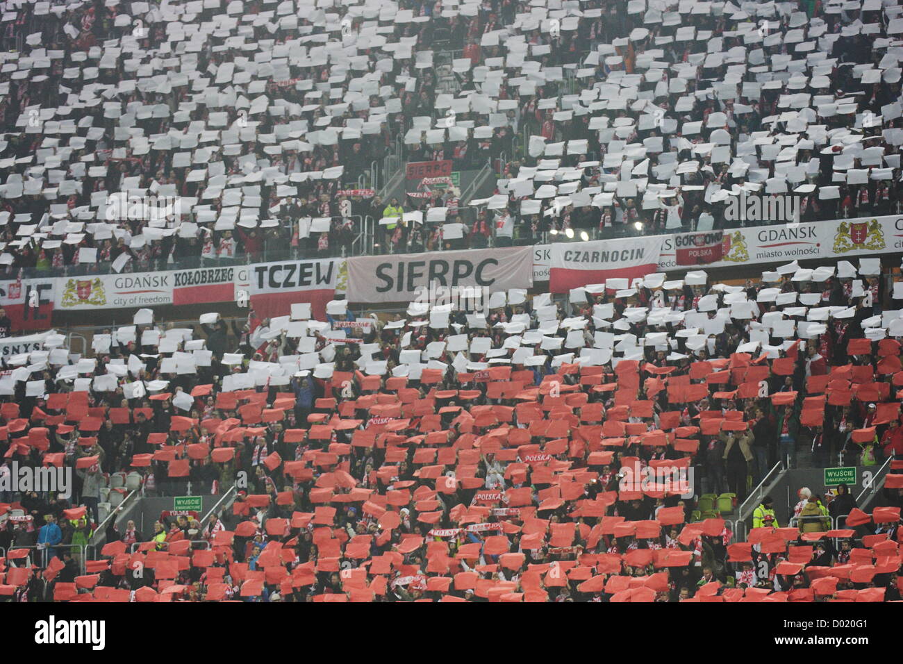 Gdansk, Poland 14th, November 2012   Poland v Uruguay football friendly game at PGE Arena stadium in Gdansk. Polish team fans reacts before the game. Stock Photo