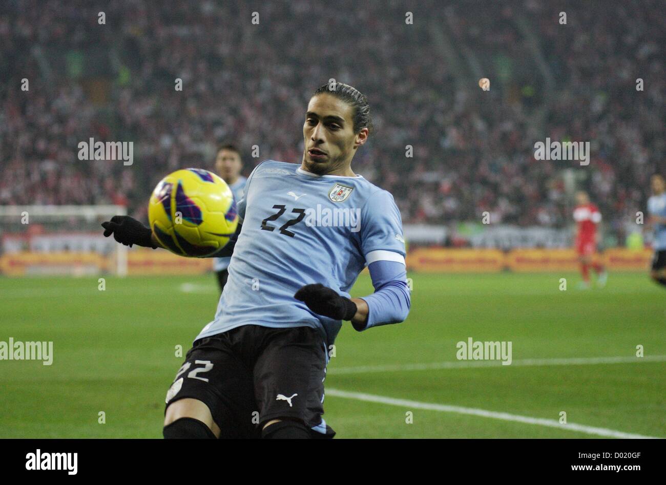 Gdansk, Poland 14th, November 2012   Poland v Uruguay football friendly game at PGE Arena stadium in Gdansk. Martin Caceres (22) in action during the game. Stock Photo
