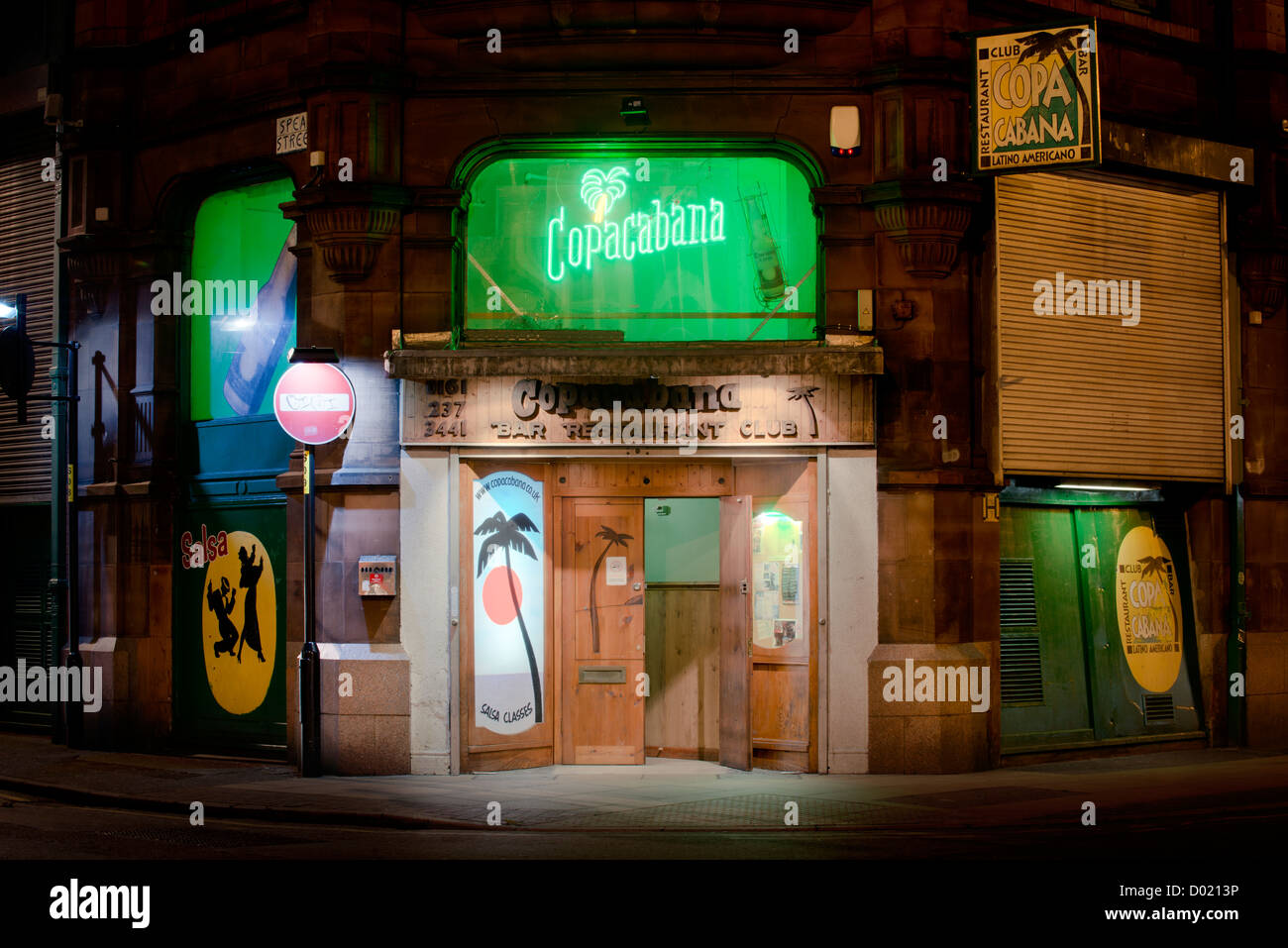 External shot of entrance of Copacabana latin club and bar on Dale Street in Northern Quarter, Manchester. Stock Photo