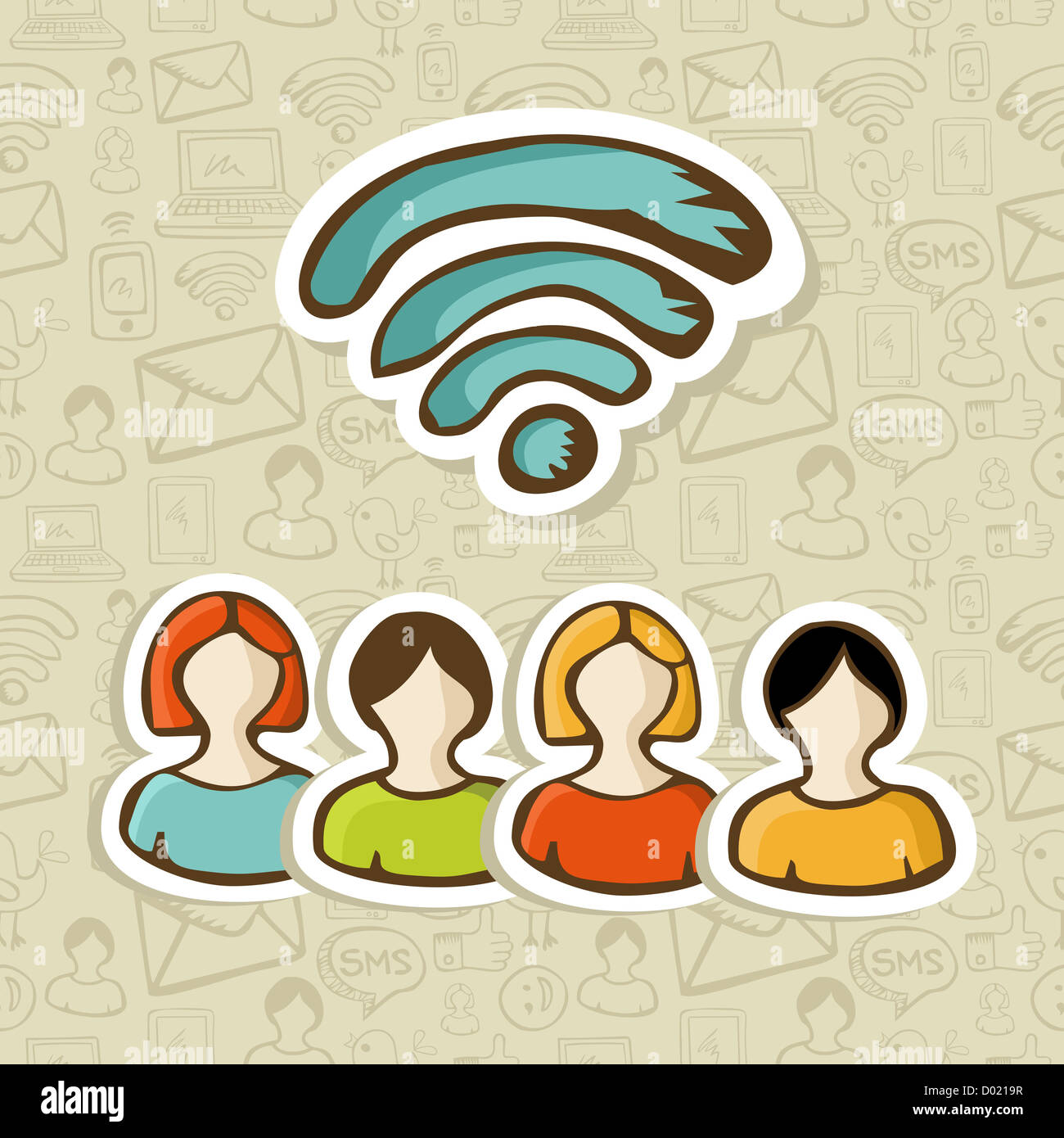 Diversity people connection via social networks RSS feed. Vector illustration layered for easy manipulation and custom coloring. Stock Photo