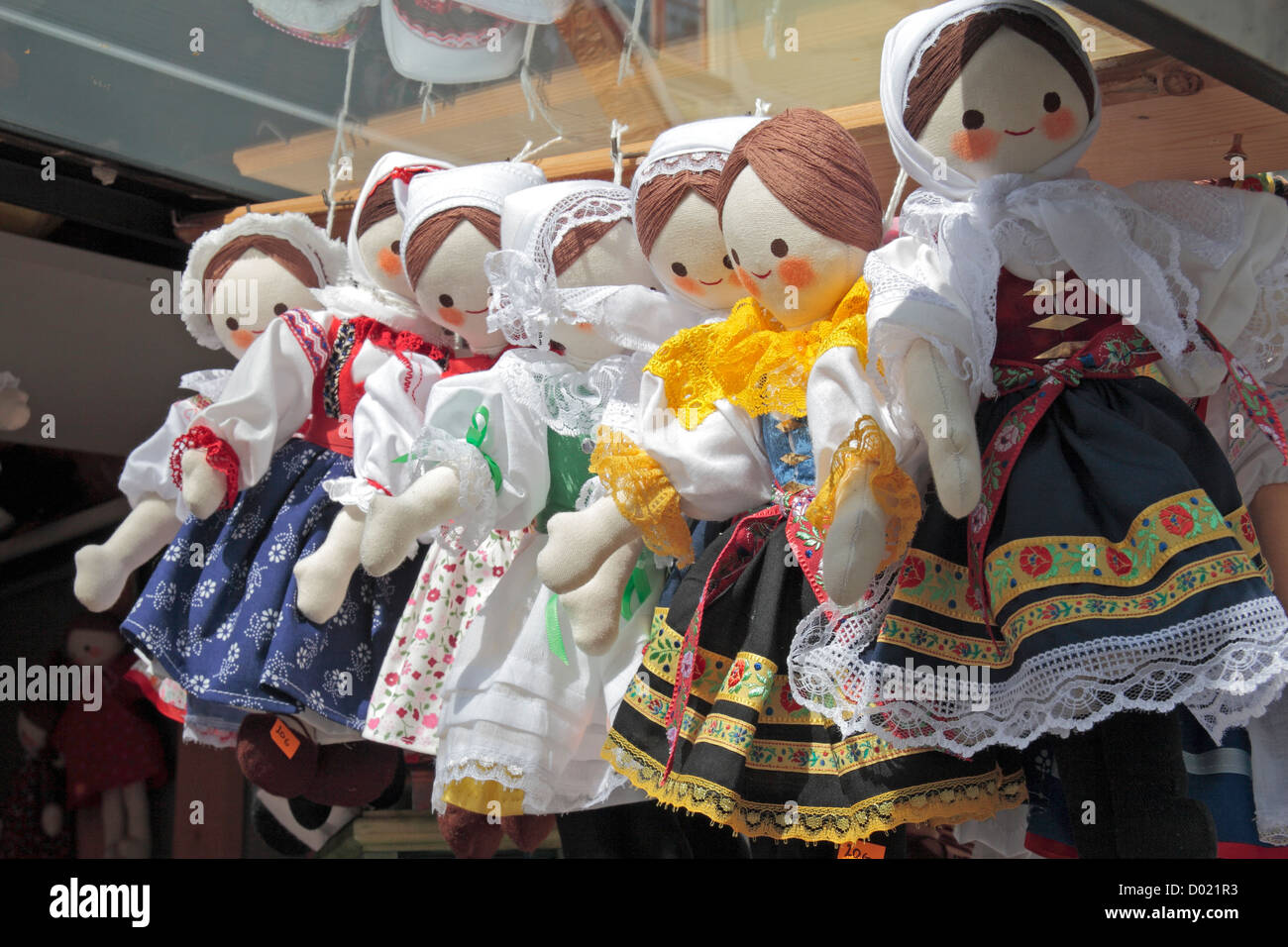 Traditional Slovakian dolls on a market stall in Bratislava, Slovakia. Stock Photo