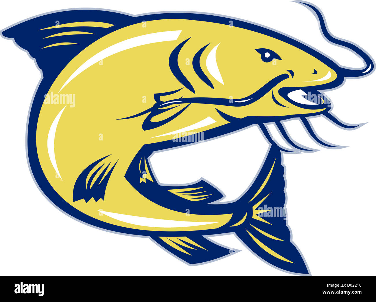 Illustration of a catfish jumping done in retro style. Stock Photo