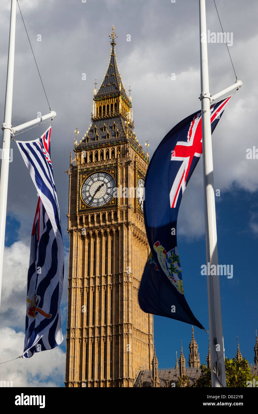 Big Ben and flags of the Commonwealth, London England, UK Stock Photo