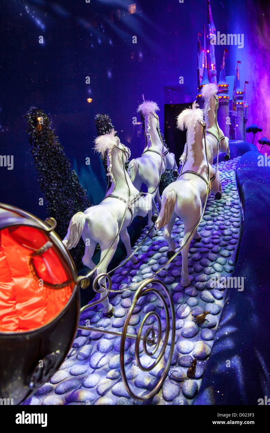 Christmas Window display - Cinderella's Coach, at Harrod's in Central London, England Stock Photo