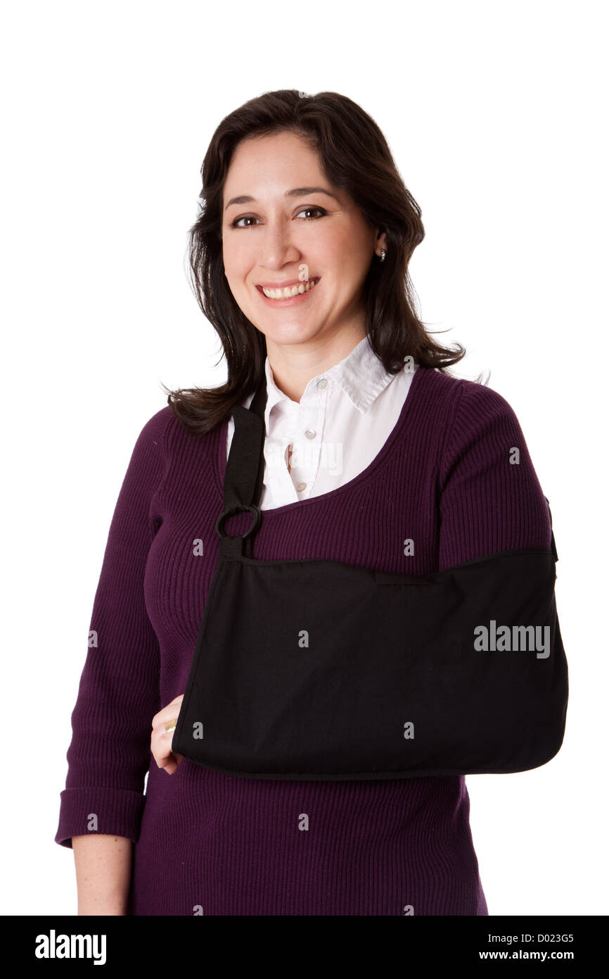 Happy attractive woman with broken arm in sling, isolated Stock Photo Alamy