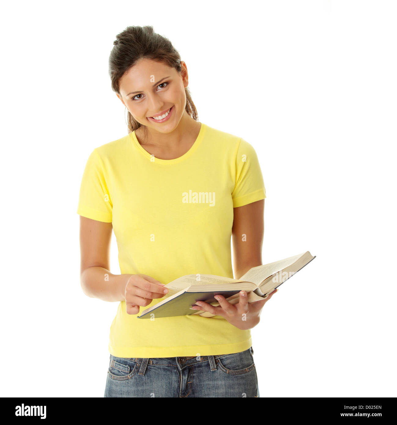 Teen woman reading book , isolated on white background Stock Photo - Alamy