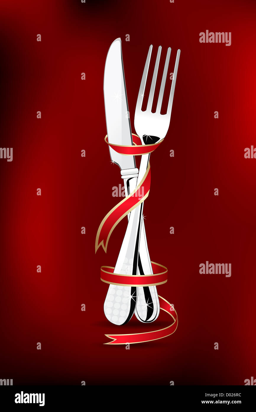 illustration of spoon and fork wrapped in ribbon on abstract background