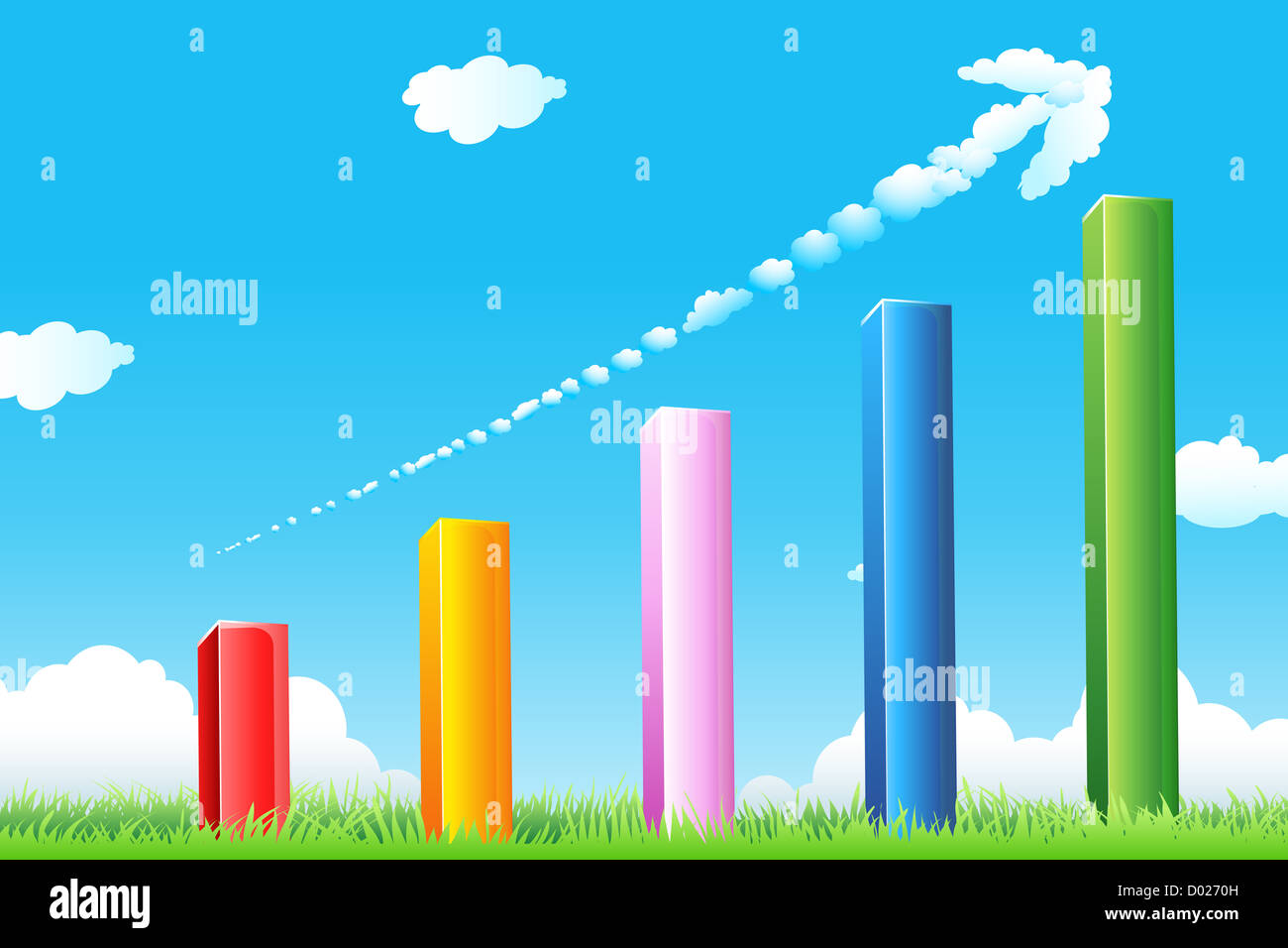 illustration of growth graph with cloudy arrow and grass Stock Photo