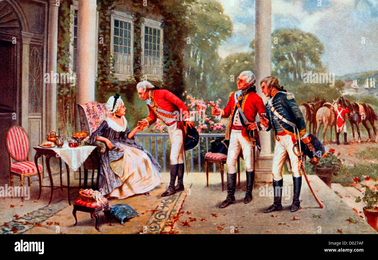 Mrs. Murray's Strategy - Mrs. Murray entertaining British soldiers, on porch, during the American Revolution, circa 1778 Stock Photo