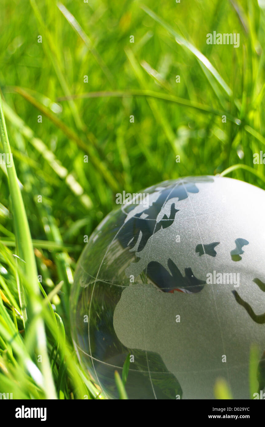 glass globe or earth in green grass showing eco concept with copyspace ...