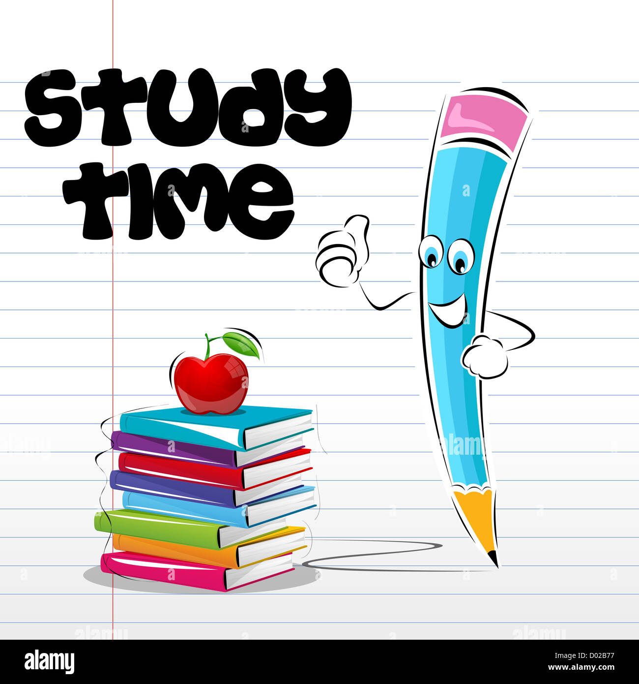 illustration of study time card with apple book and pencil on notebook page Stock Photo