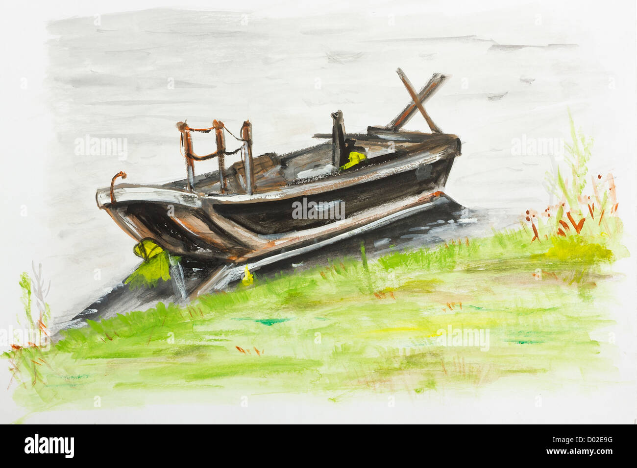 Small boat near the meadow summer coast landscape - handmade acrylic painting illustration on a white paper art background Stock Photo