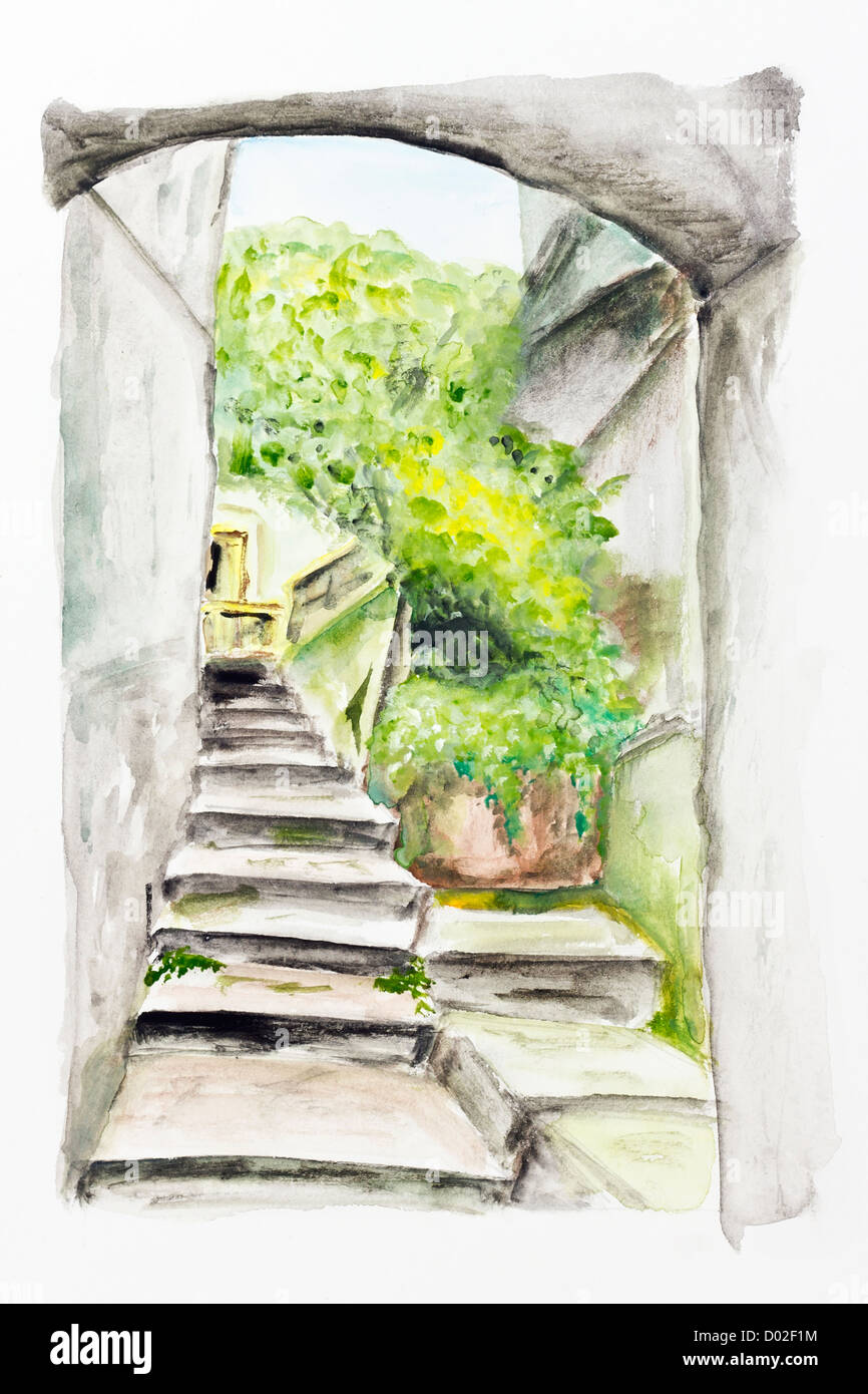Stone arch and ladder on the street of ancient Italian small town landscape - handmade acrylic painting illustration on a white Stock Photo