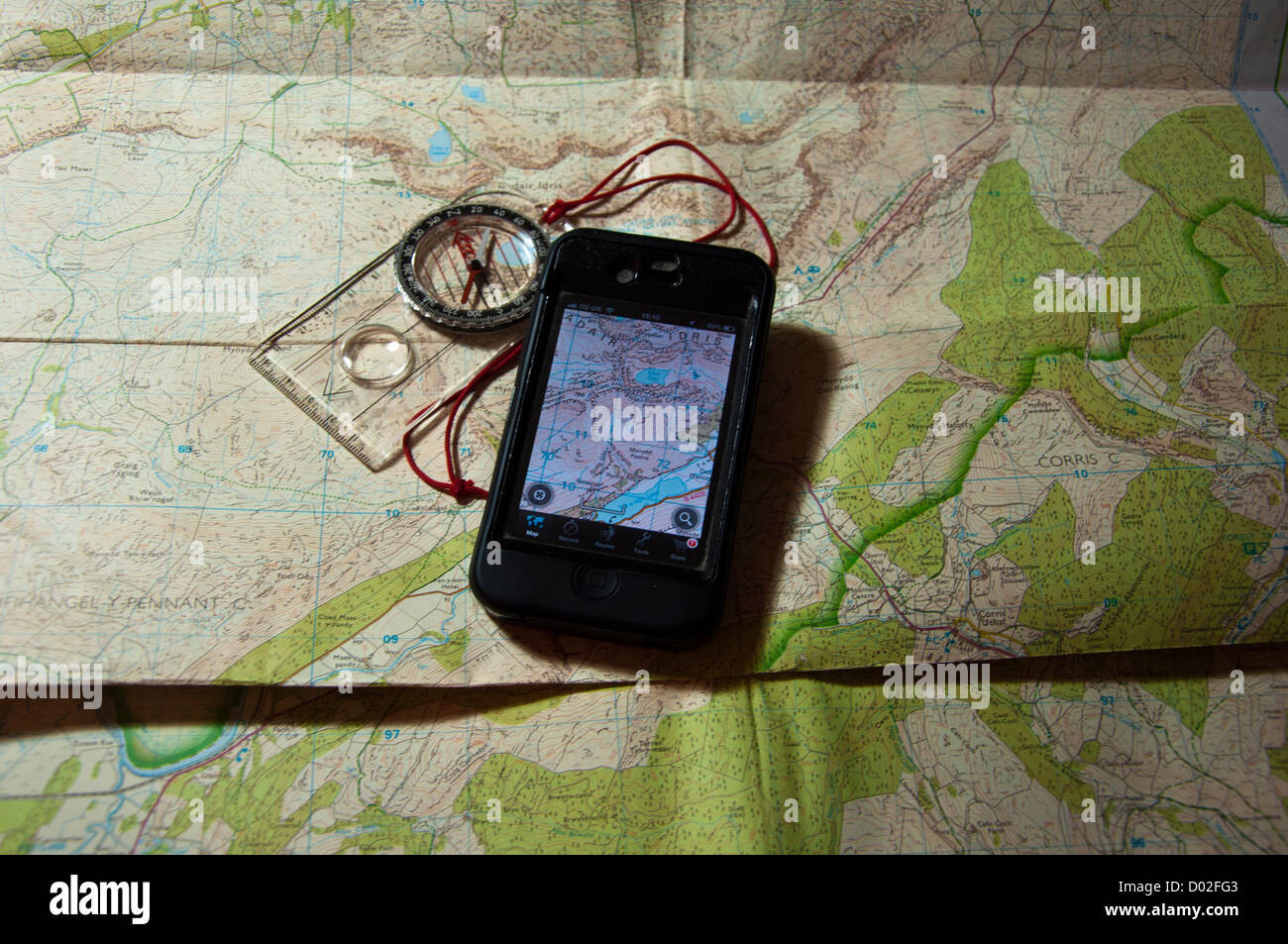 Ordnance survey OS map, I phone GPS and compass for navigation for