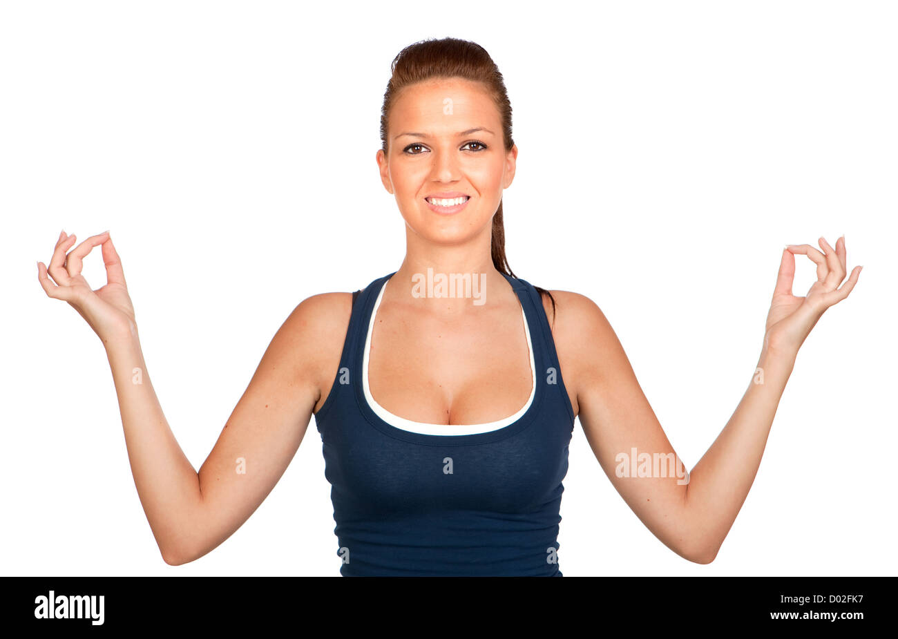 Attractive girl doing yoga on white background isolated Stock Photo - Alamy