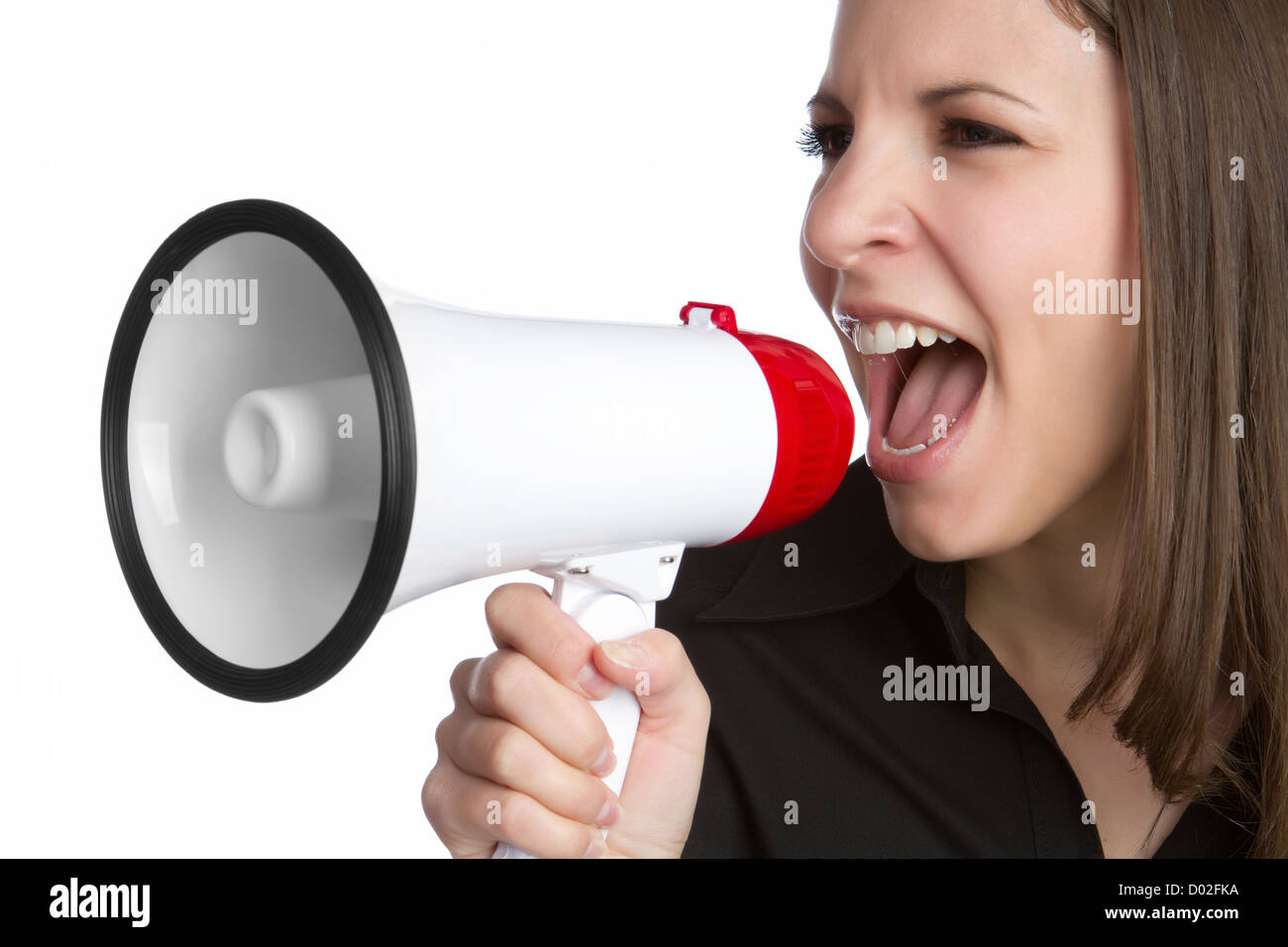 Woman yelling into megaphone bullhorn Stock Photo Alamy