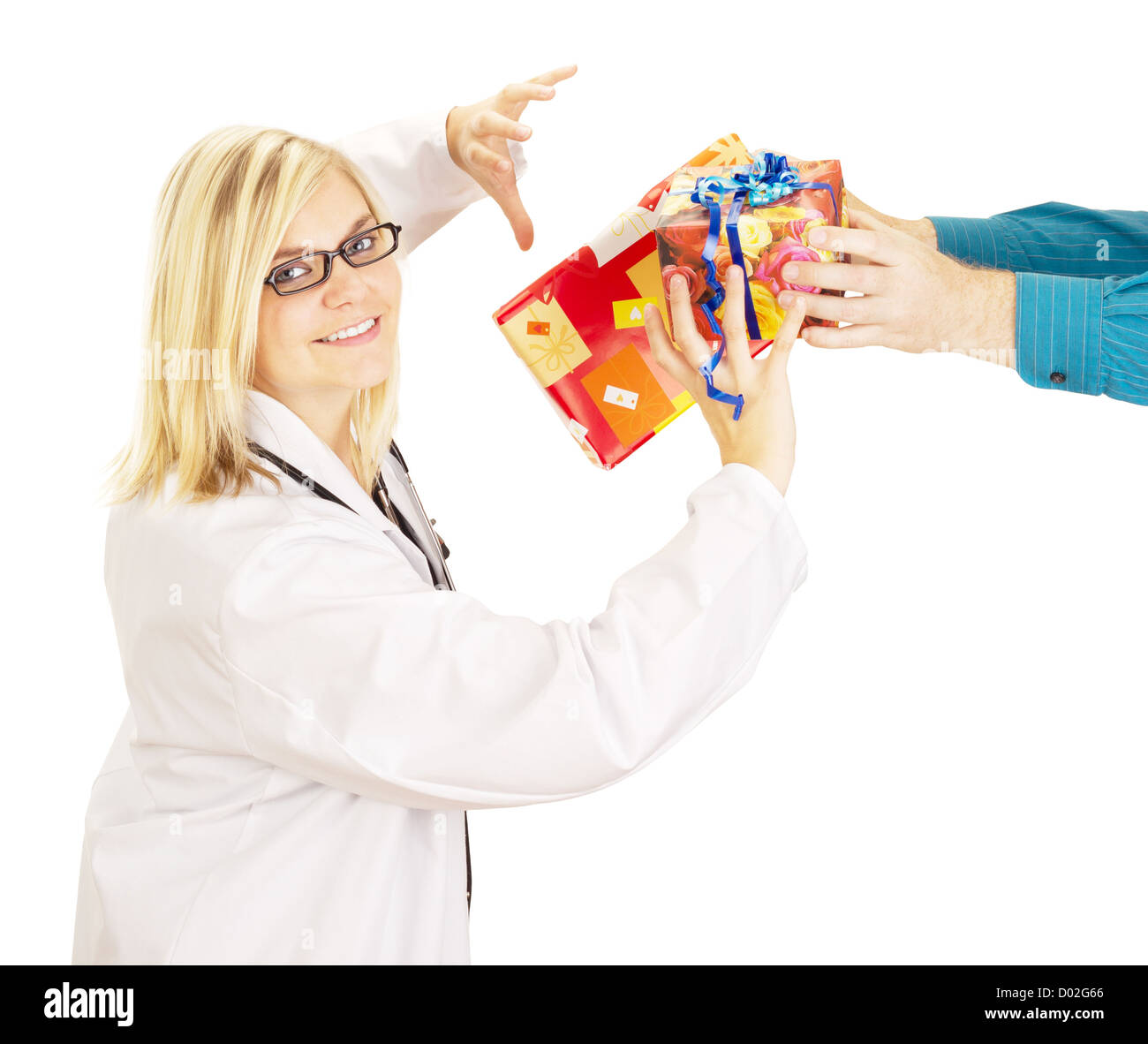 Medical doctor grabbing two gifts Stock Photo Alamy