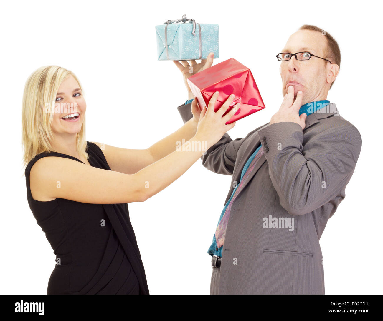 Two business people throwing their gifts Stock Photo Alamy