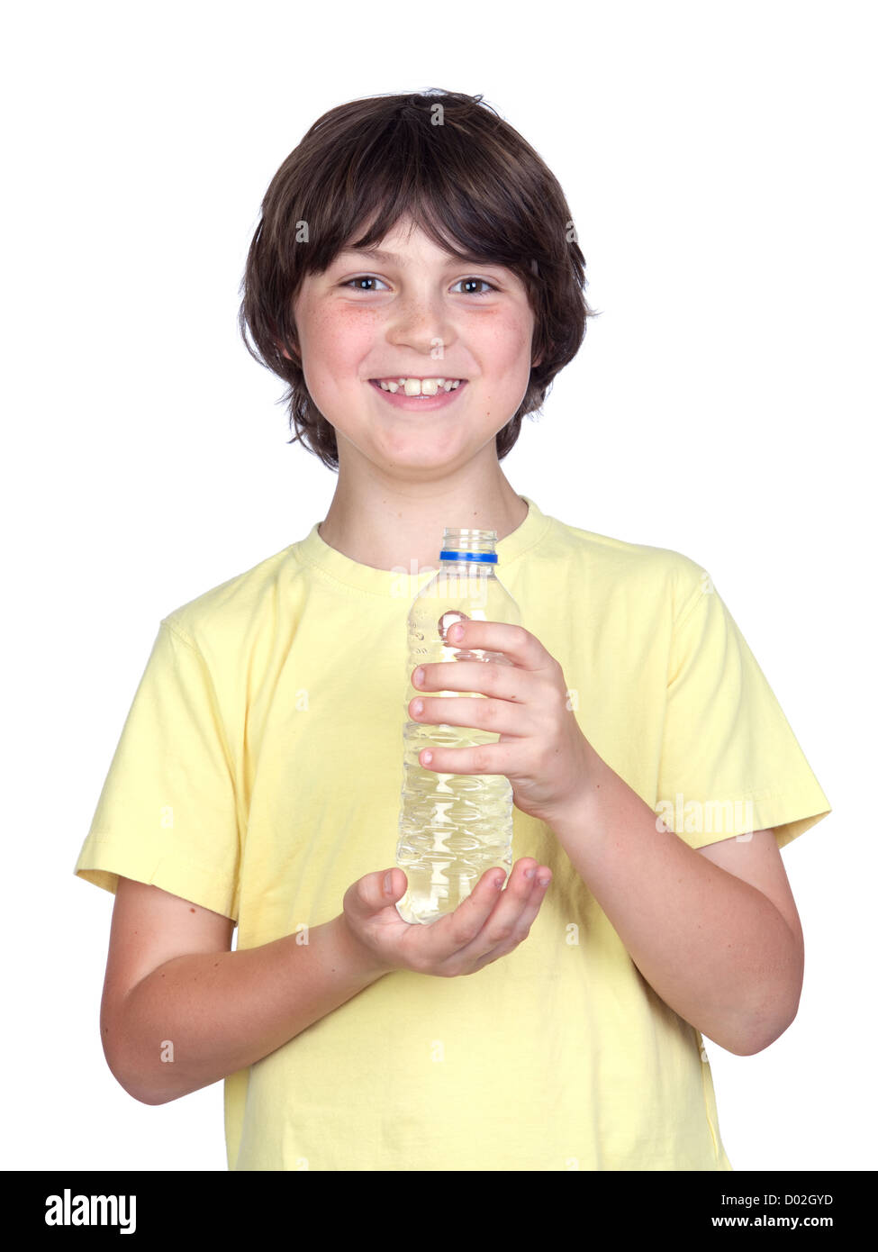 Adorable child with bottled water isolated on white background Stock Photo Alamy