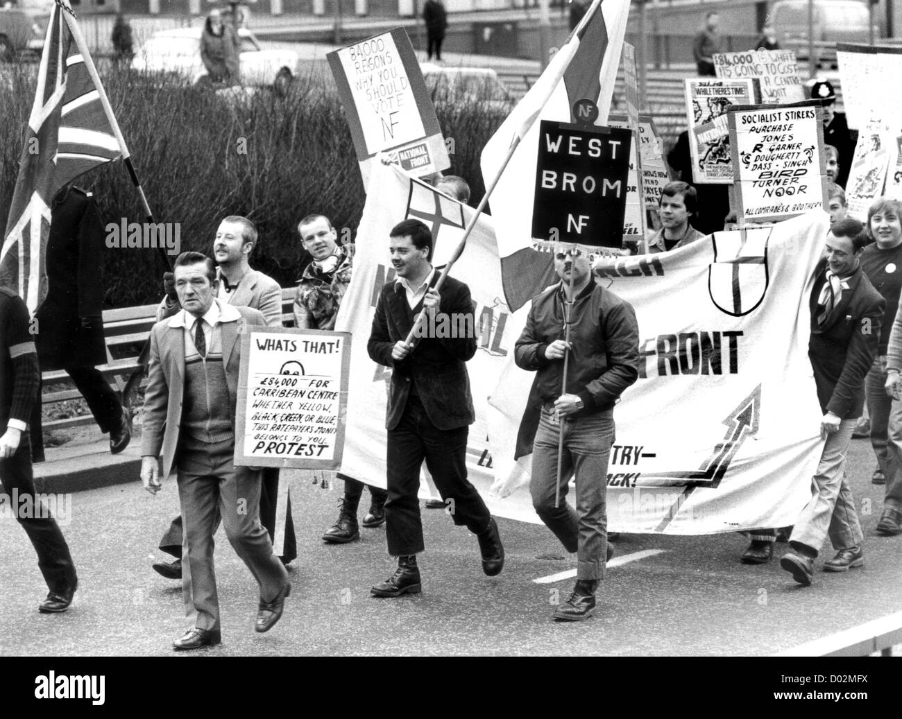 National Front march in Wolverhampton 1981. Britain British England English 1980s politics political rally action far right working class street streets protest Uk. Local council NF candidate Eric Shaw leads the way. Stock Photo