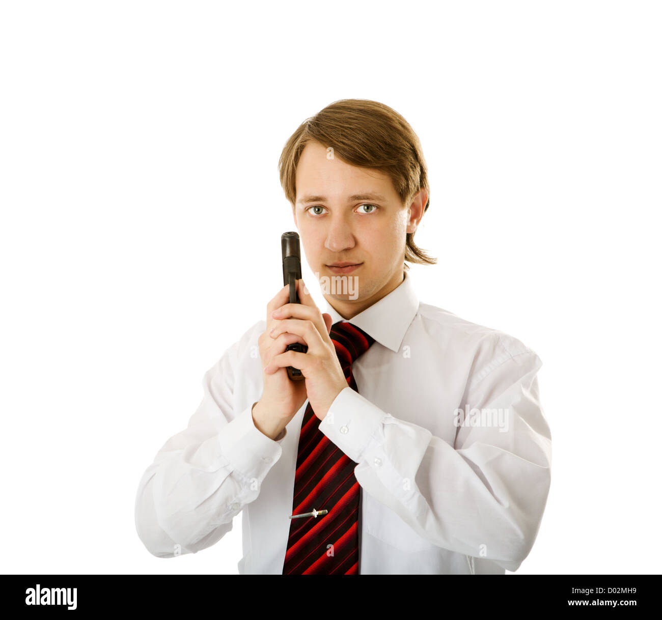 Portrait of handsome Young man holding gun isolated Stock Photo