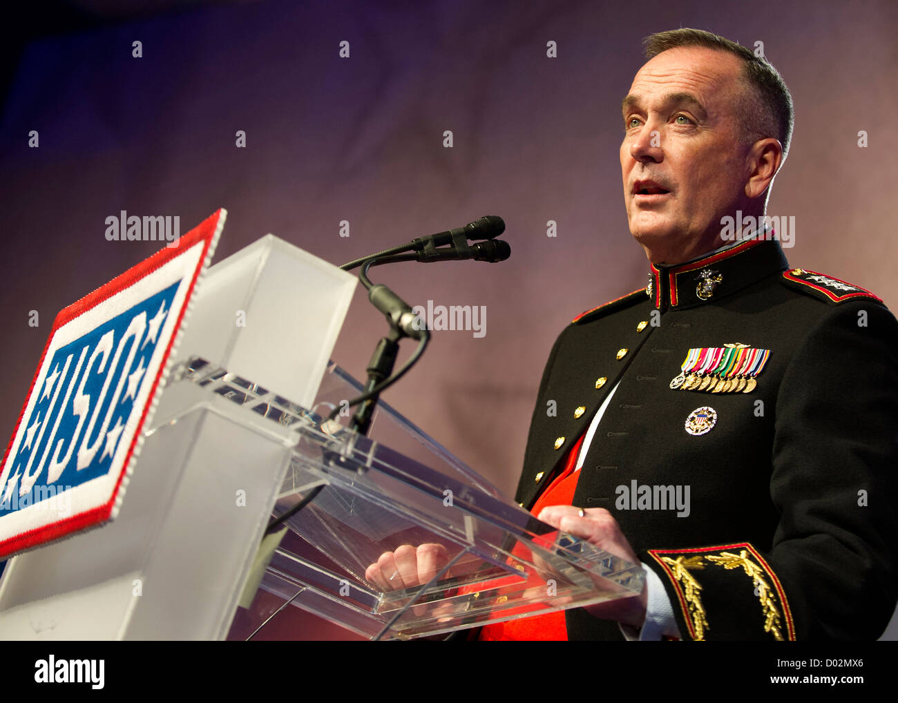 Marine General Joseph Dunford, assistant commandant of the Marine Corps delivers remarks at the 2012 USO Gala November 2, 2012 in Washington, DC. Stock Photo