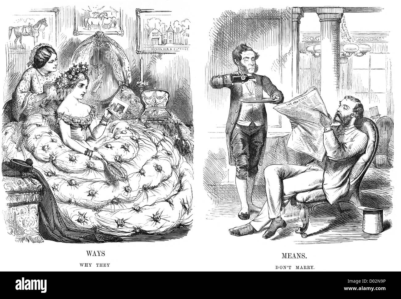 Ways Means - Why They Don't Marry. Political cartoon about marriage in Victorian Britain, 1860 Stock Photo