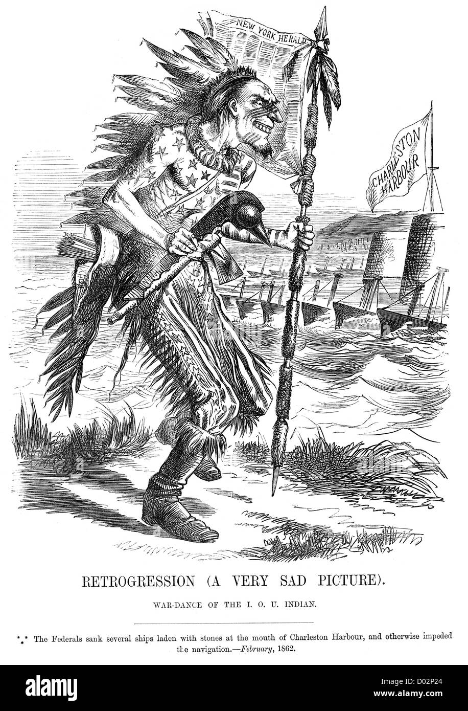 Retrogression war dance of the IOU Indian. Political cartoon about blockade of Charleston Harbour, during the American Civil War Stock Photo