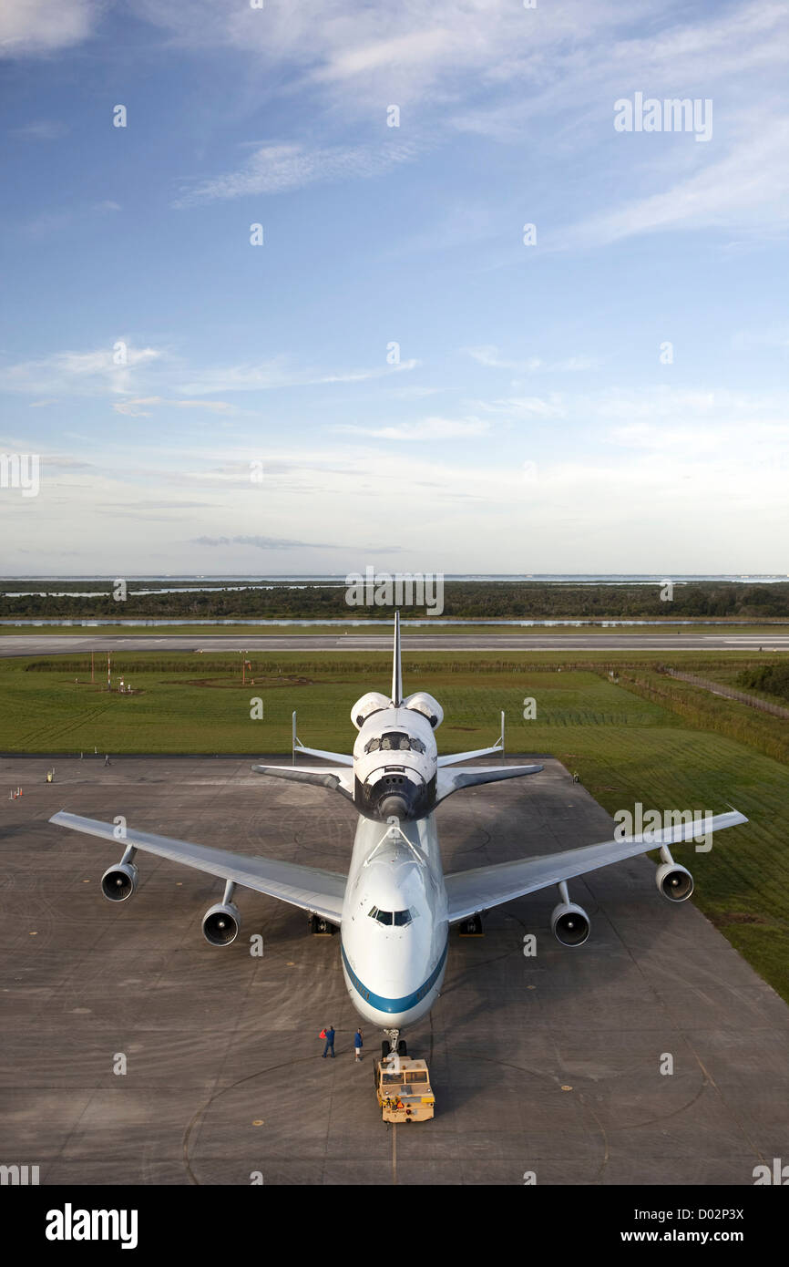 Space shuttle Endeavour is seen atop NASA's Shuttle Carrier Aircraft at ...