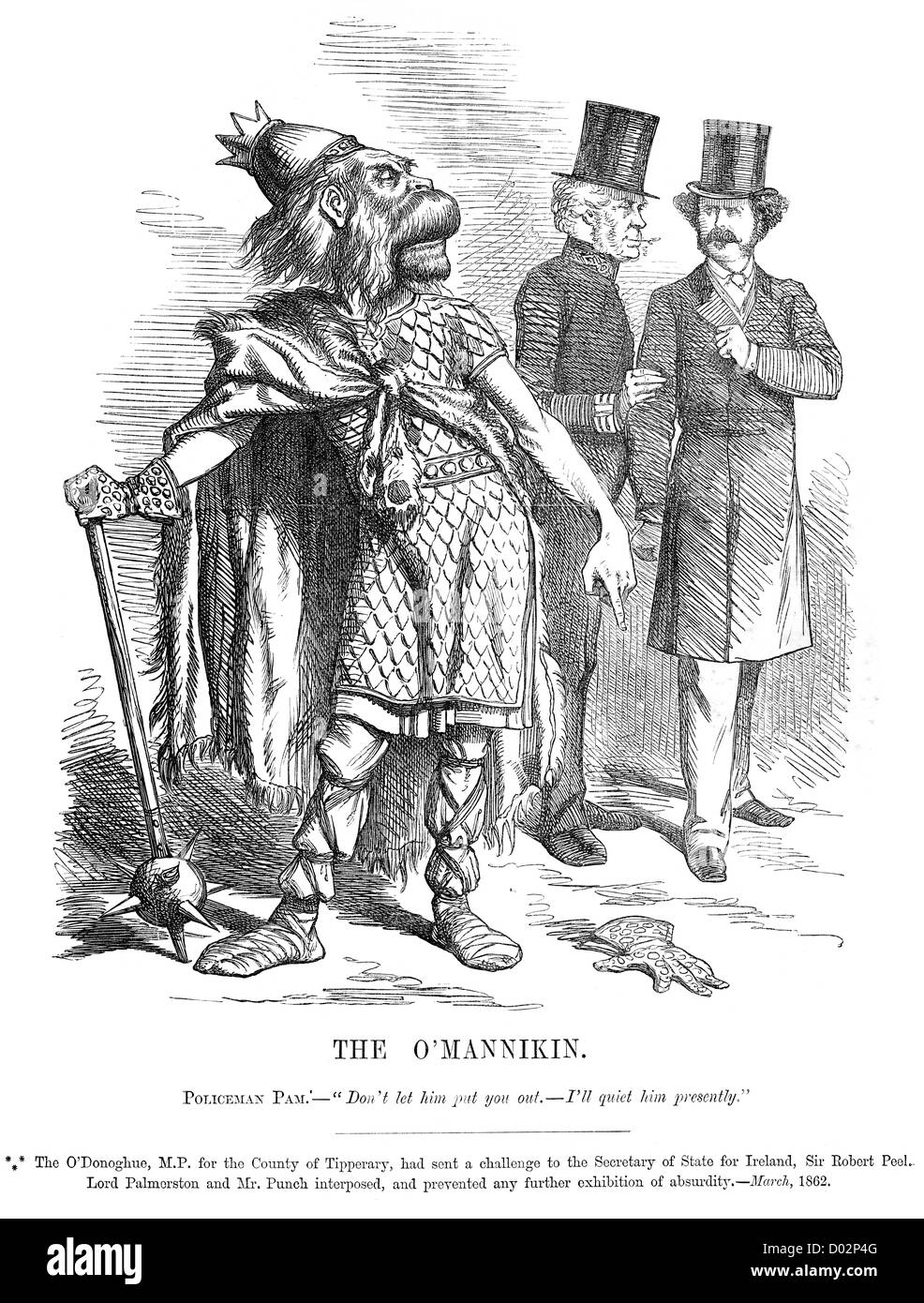 The O'Mannikin. Political cartoon about O'Donoghue MP for Tipperary challenging Sir Robert Peel, March 1862. Stock Photo
